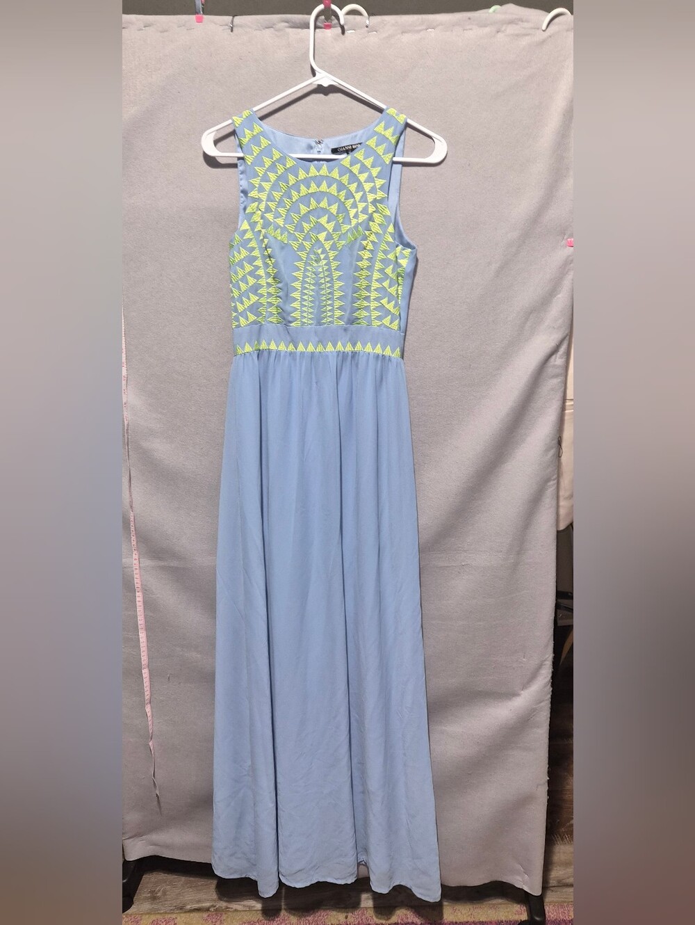 Gianni Bini Light Blue Maxi Dress with Neon Yellow Embroidery Size 2